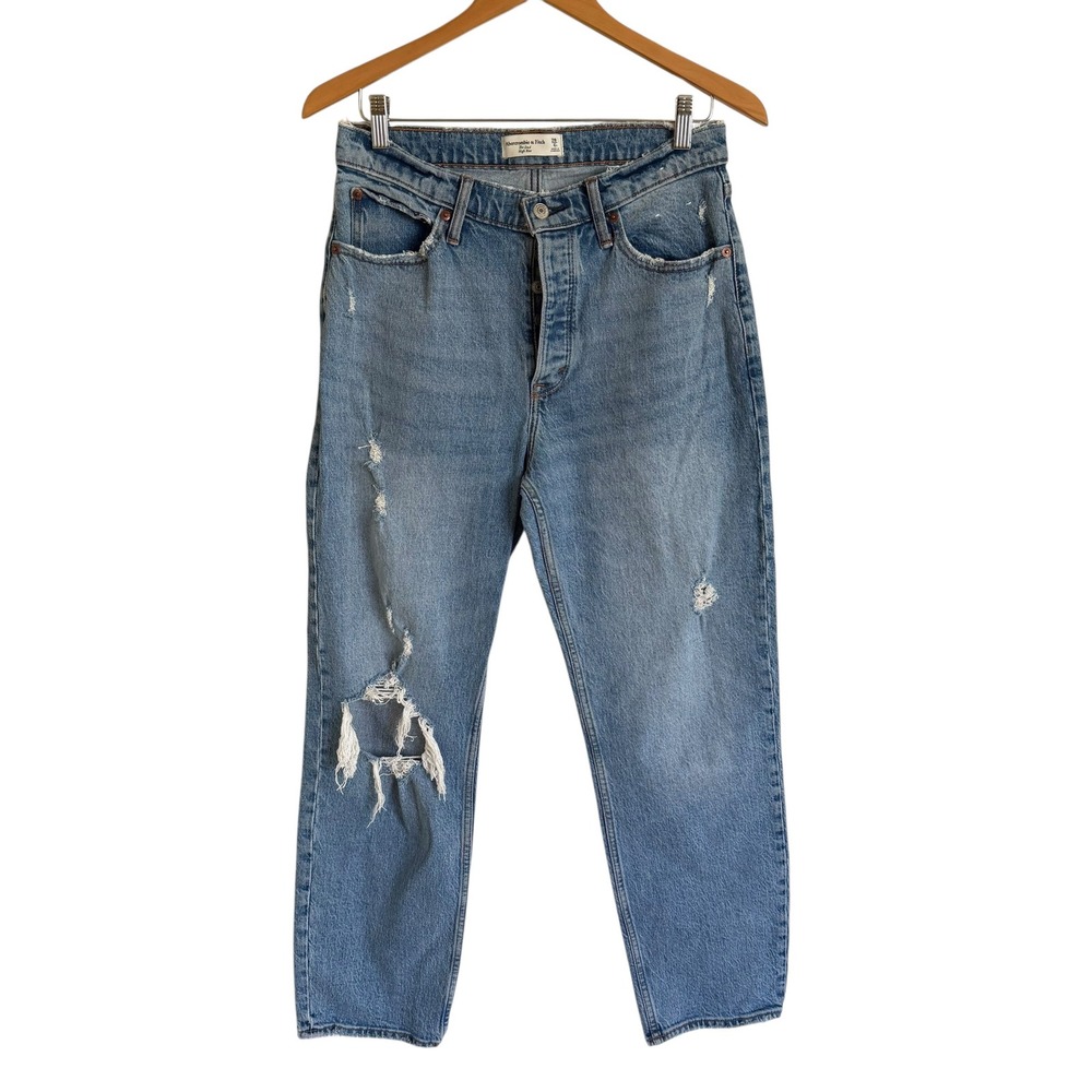 Abercrombie & Fitch The Dad High Rise Distressed Straight Leg Jean Light Wash 28